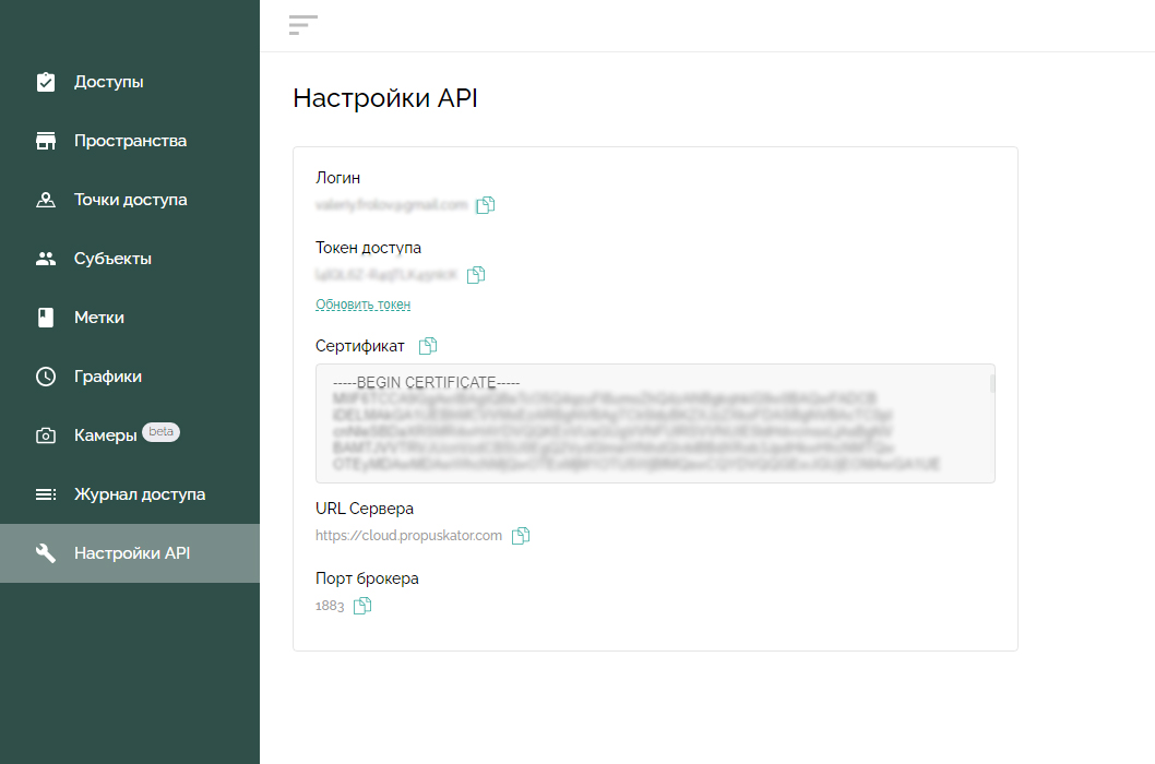 Настройки API в веб-интерфейсе Пропускатор