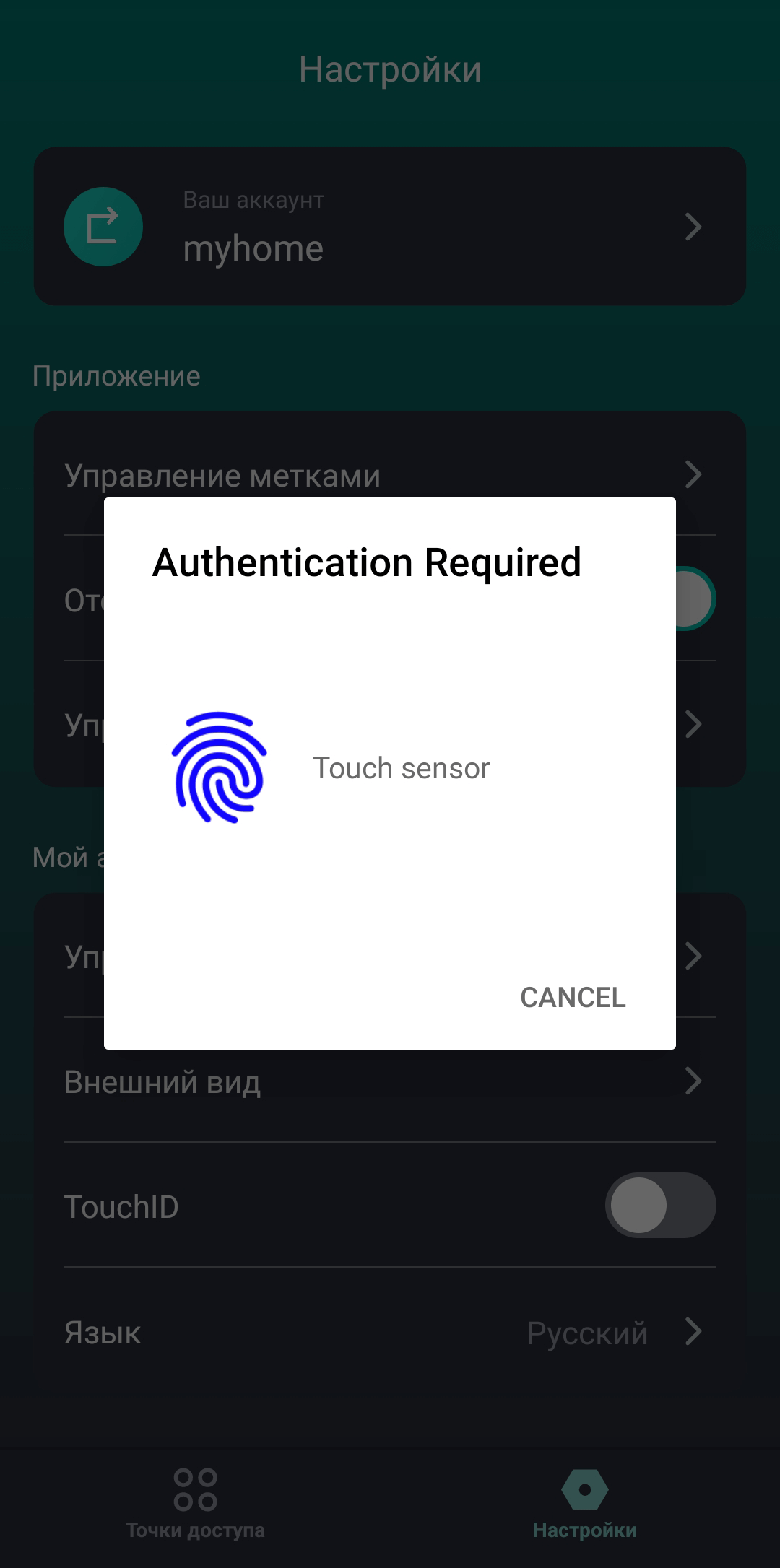 Подтверждение выбора функции TouchID