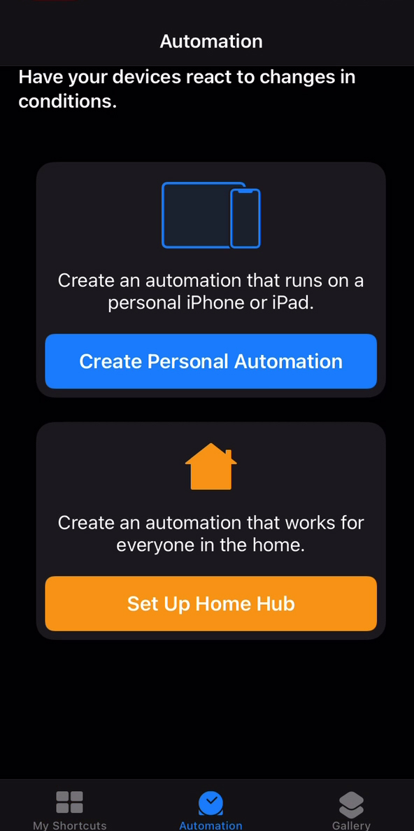 Вкладка Automation приложения Shortcats