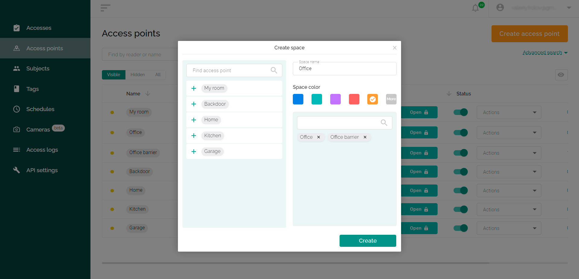 Managing spaces in the web interface of the ACS Propuskator