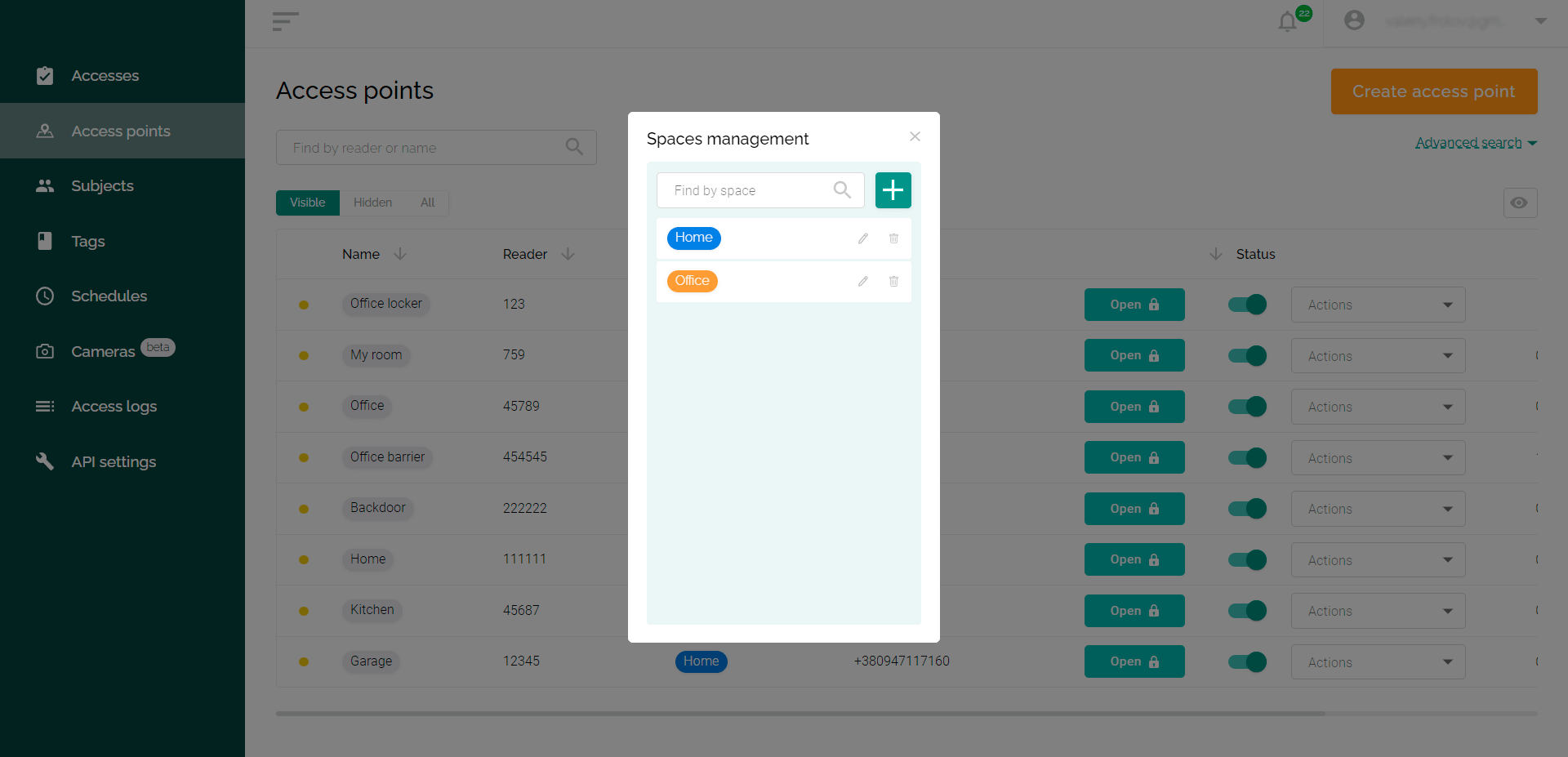 Managing spaces in the web interface of the ACS Propuskator