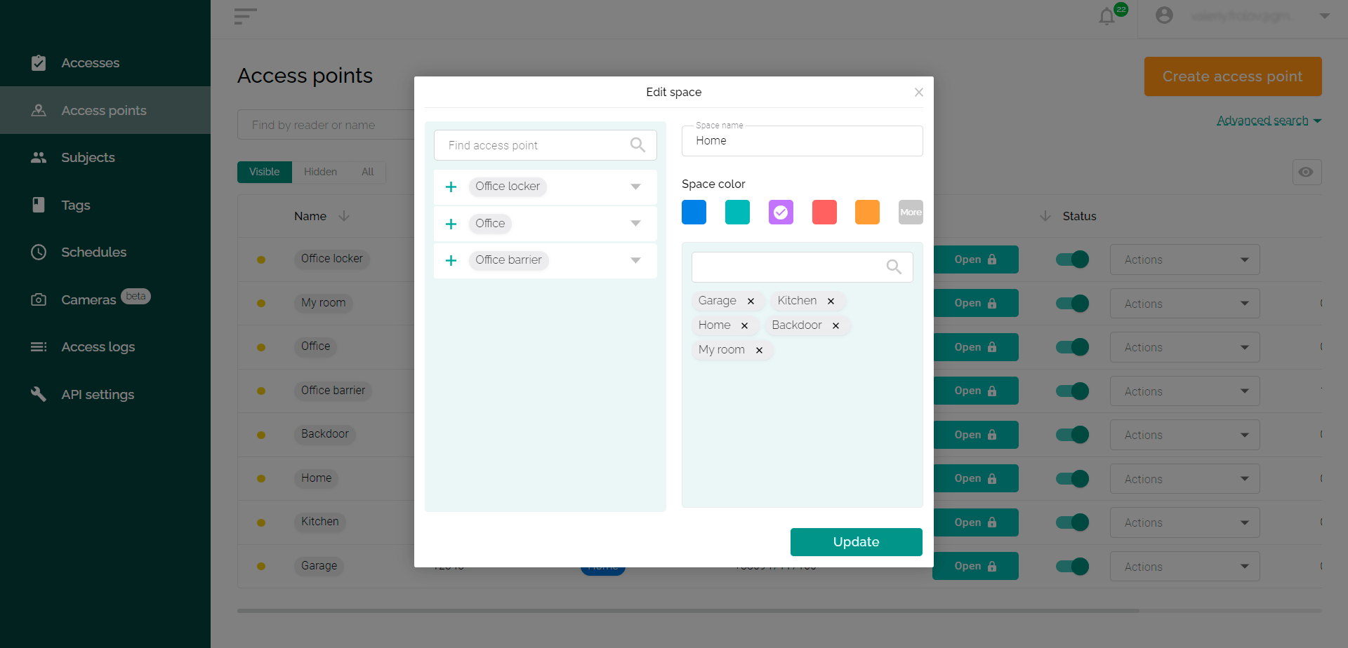 Managing spaces in the web interface of the ACS Propuskator