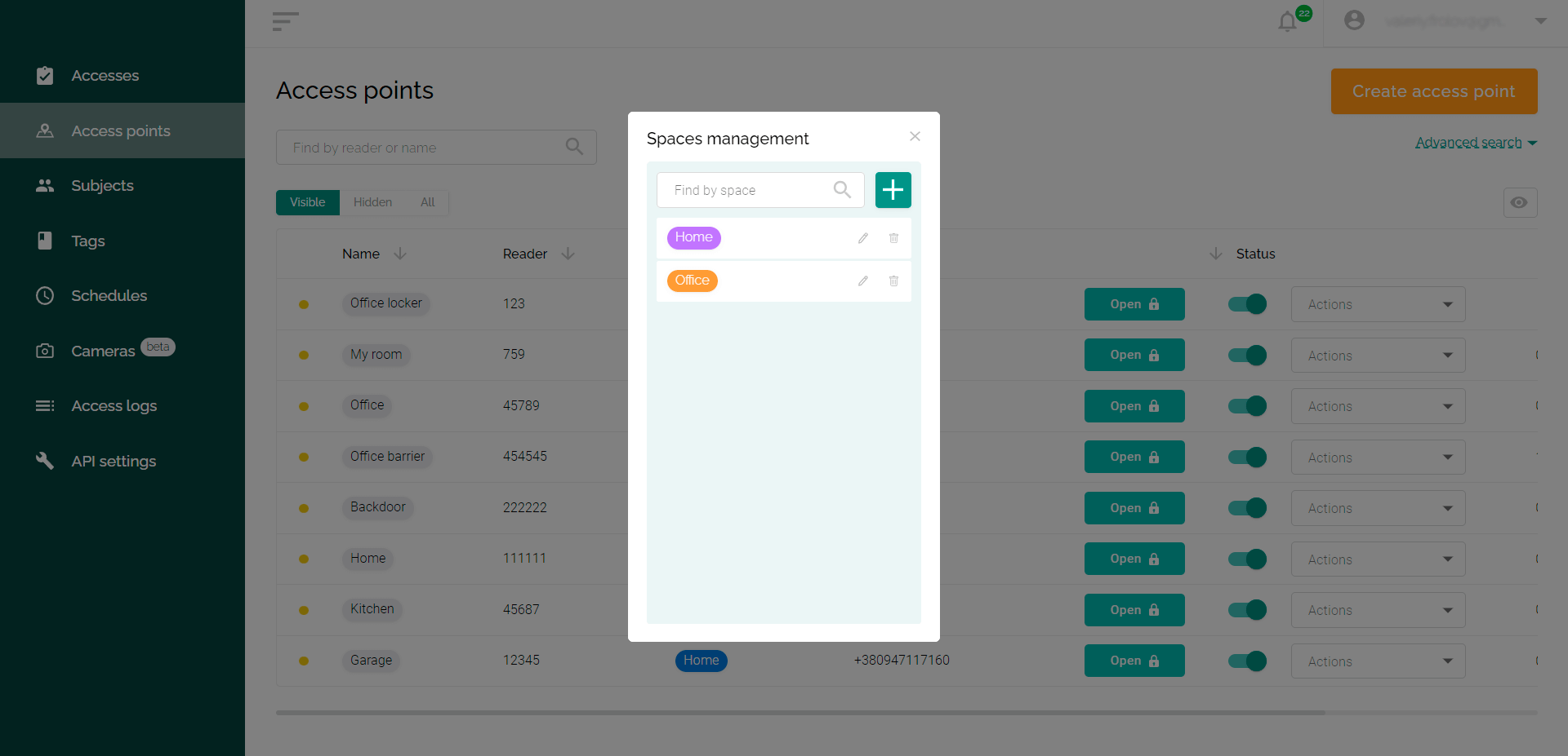 Managing spaces in the web interface of the ACS Propuskator