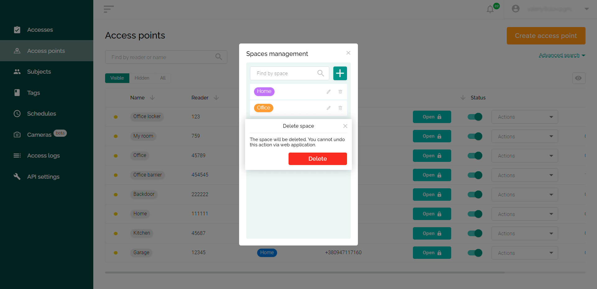 Managing spaces in the web interface of the ACS Propuskator