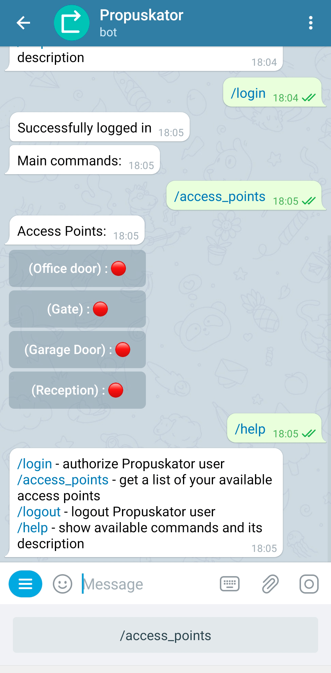 Managing the gate, wicket, and barrier using the Telegram messenger: instructions for the Propuskator bot